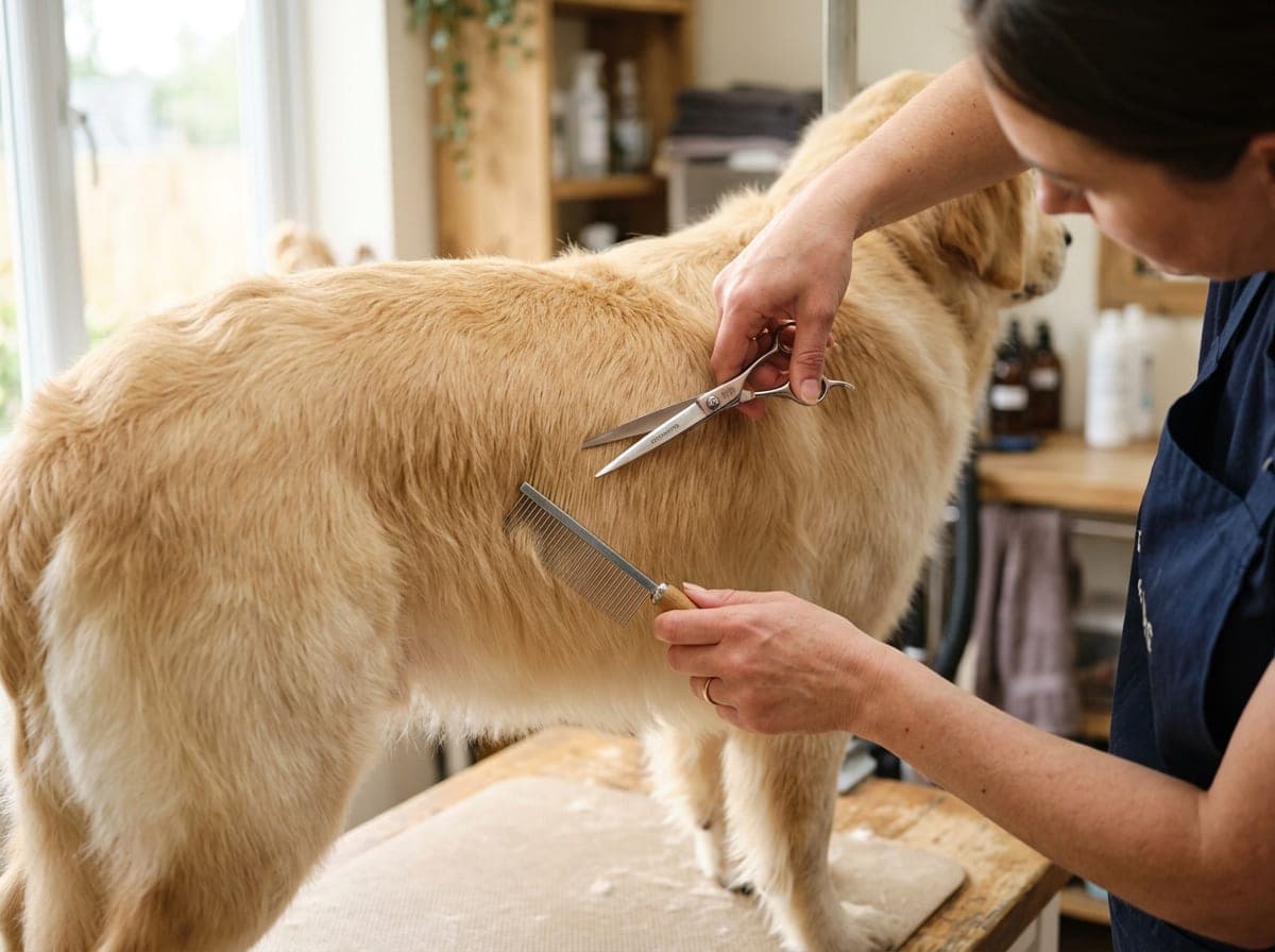 Close view of a groomer's hands using scissors and a comb on a dog's clean, fluffy coat.